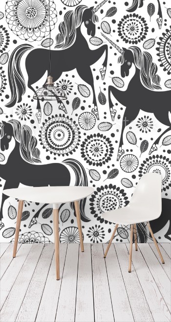 Picture of Fairytale pattern with unicorns on a floral background Black and white vector illustration